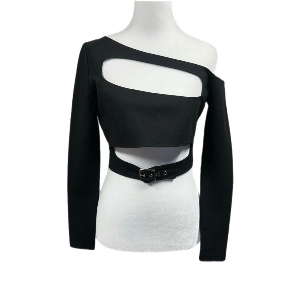 NEW Fashion Nova Cutout Asymmetric Buckle Crop Blouse Sz M Black